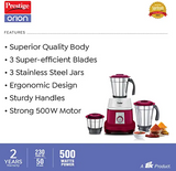 TTK Prestige Limited Orion Mixer Grinder 500 Watts, 3 Jars (1200ml, 1000ml, 500ml) (Red)